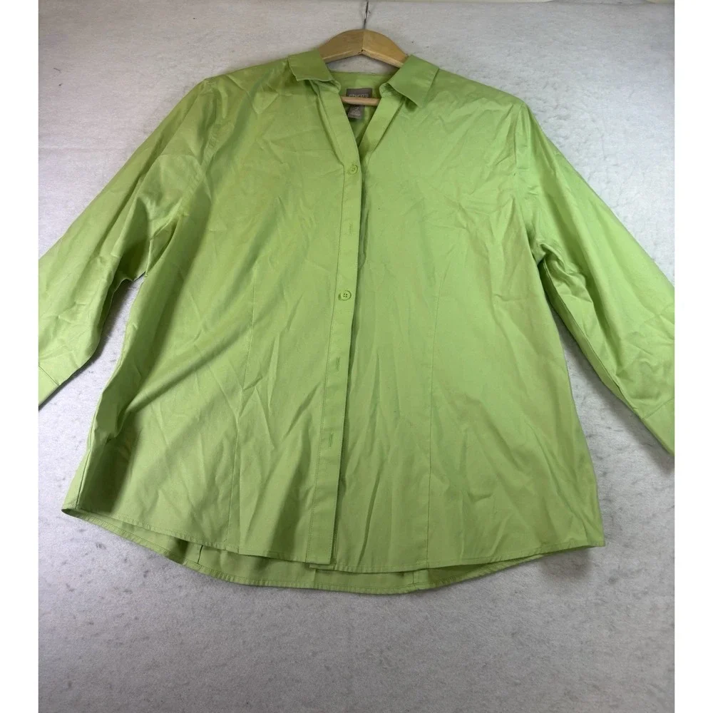 CHICO'S Button Up Blouse Top Size 2 /Large Apple Green Cotton 3/4 Sleeve